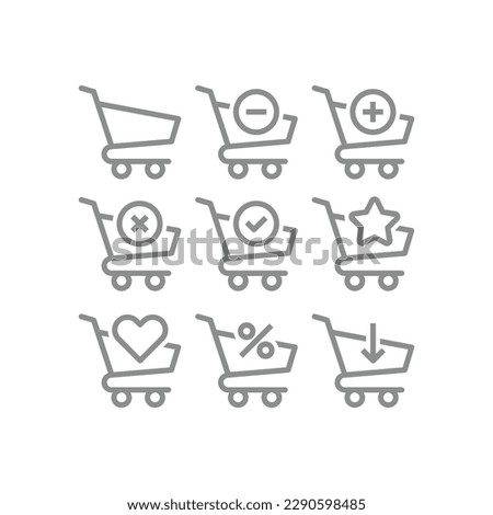 Shopping cart with checkmark, arrows line icon set. Add to cart with star and heart, plus and minus sign outlined icons.