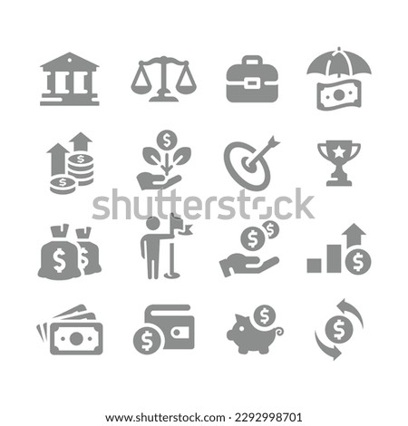Business and finance vector icon set. Money, dollar bill, piggy bank fill icons.