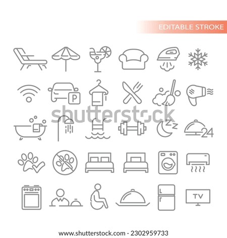 Hotel, reception, room service line vector icon set. Pool, fitness and bed outlined icons.