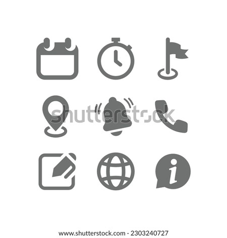 Web interface fill vector icon set. Calendar, date, time and contact us icons.
