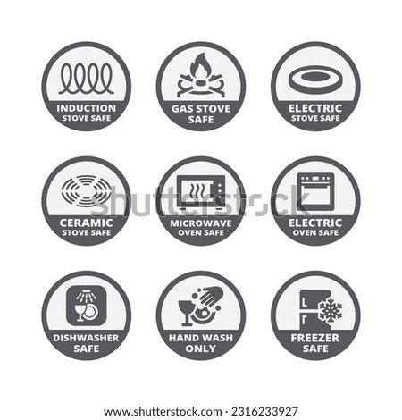 Electric, gas and induction stove safe label set. Dishwasher, microwave, electric safe labels for pots, pans and dishes.