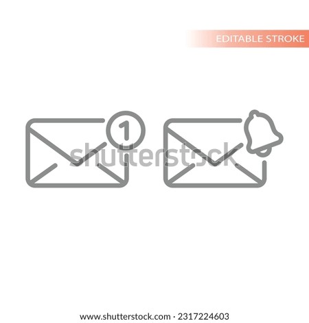 Letter with one and bell notification icon set. Envelope, email or mail outline icons.