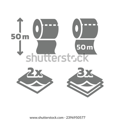 Toilet paper roll length and 2 and 3 layers vector icon set. 50 meters layered long roll paper icons.