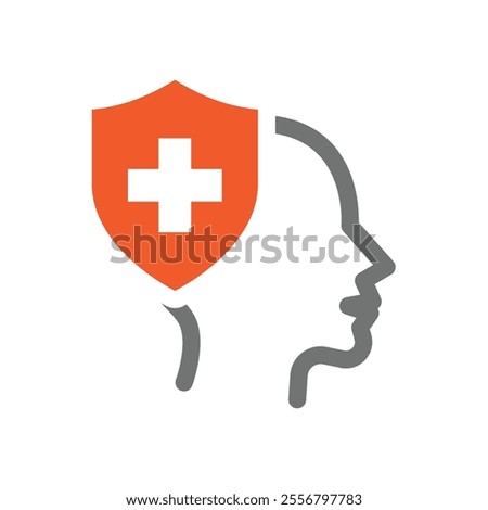 Mental health vector icon. Human head and shield medical cross.