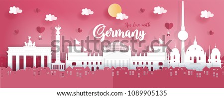 Panorama travel postcard and poster of Germany famous landmarks in paper origami style. Love and honeymoon trip concept. Vector illustration.