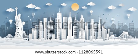 Panorama of top world famous landmark of New York city, America for travel poster and postcard, in paper cut style vector illustration.
