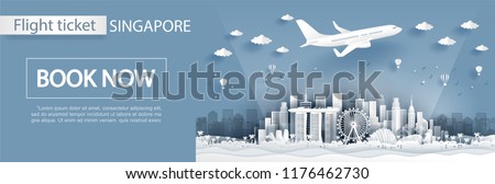 Flight and ticket advertising template with travel to Singapore concept, Singapore famous landmarks in paper cut style vector illustration