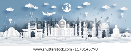 Panorama postcard of world famous landmarks of India in paper cut style vector illustration.