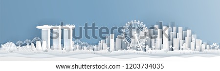 Panorama postcard of Singapore with world famous landmarks  in paper cut style vector illustration