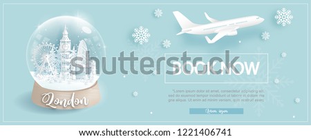 Flight and ticket advertising template with travel to London, England in winter season with famous landmarks in paper cut style vector illustration