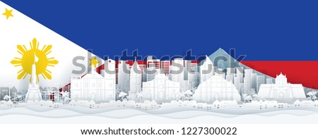 Philippines flag and famous landmarks in paper cut style vector illustration.