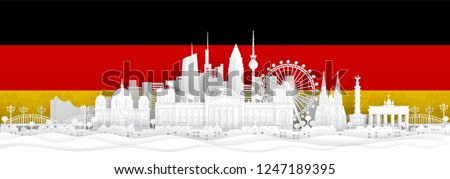 Germany flag and famous landmarks in paper cut style vector illustration.