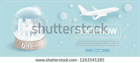 Flight and ticket advertising template with travel to Belgium in winter season with famous landmarks in paper cut style vector illustration