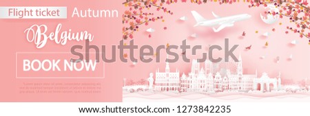 Flight and ticket advertising template with travel to Belgium in autumn season with falling maple leaves and famous landmarks in paper cut style vector illustration