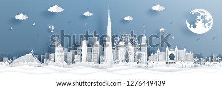 Panorama postcard and travel poster with travel to Dubai concept with skyline and famous landmark in paper cut style vector illustration