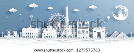 Panorama postcard and travel poster of world famous landmarks of Paris, France in paper cut style vector illustration