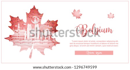 Autumn in Brussel, Belgium with maple leave style in season concept for travel postcard, poster, tour advertising of world famous landmarks in paper cut style. Vector illustration.