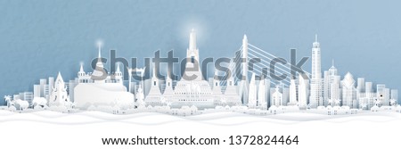 Panorama view of of Bangkok, Thailand with city skyline and world famous landmarks in paper cut style vector illustration