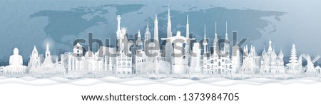 Panorama postcard and travel poster of world famous landmarks of Europe, Asia and America in paper cut style vector illustration