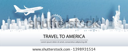 Travel advertising with travel to America concept with panorama view of New York City skyline and world famous landmarks in paper cut style vector illustration.