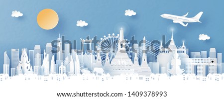 Panorama view of Bangkok, Thailand with temple and city skyline with world famous landmarks in paper cut style vector illustration