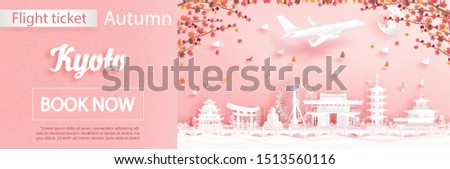 Flight and ticket advertising template with travel to Kyoto, Japan in autumn season deal with falling maple leaves and famous landmarks in paper cut style vector illustration