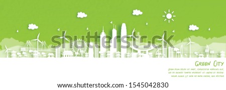 Green city of Hong Kong, China. Environment and ecology concept in paper cut style. Vector illustration.