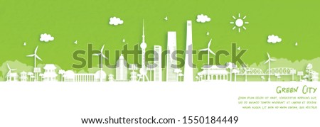 Green city of Shanghai, China. Environment and ecology concept in paper cut style. Vector illustration.