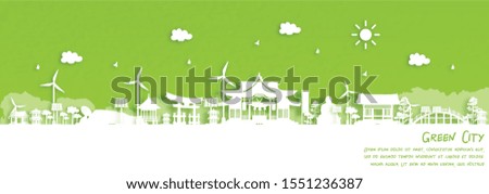 Green city of Fukuoka, Japan. Environment and ecology concept in paper cut style. Vector illustration.