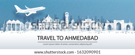 Travel advertising with travel to Ahmedabad, India concept with panorama view of city skyline and world famous landmarks in paper cut style vector illustration.