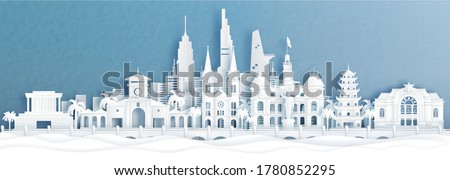 Panorama view of Ho Chi Minh, Vietnam skyline with world famous landmarks  in paper cut style vector illustration.