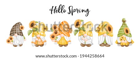 Digital painting watercolor sunflower gnomes, hello spring greetings card. 