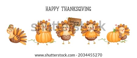 Digital painting watercolor thanksgiving turkey, cute turkey banner, thanksgiving card. 