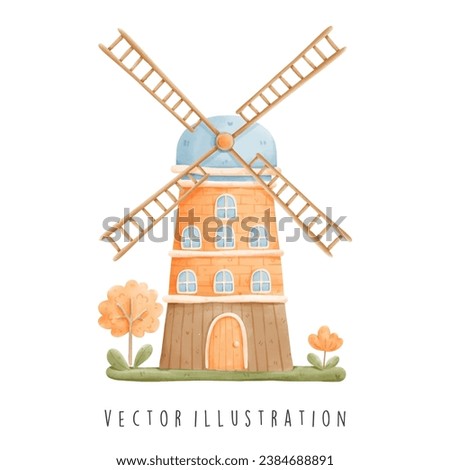 Holland symbol landmarks with windmill in watercolor style. Vector illustration