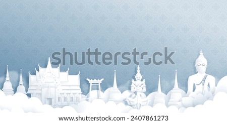 Paper Cut Style Of Thailand Landmark, Temple and Buddha Statue. Vector Illustration