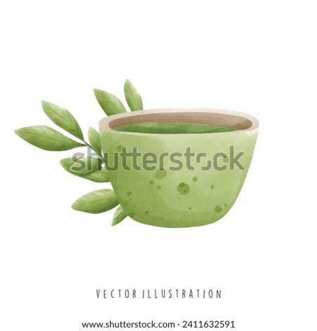 Watercolor Green Tea, Matcha Hot Drink. Vector illustration
