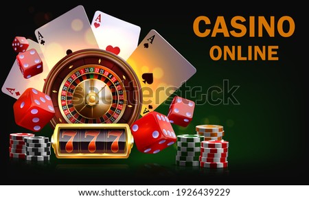 Casino Illustration with roulette wheel and playing chips. Vector gambling design with poker cards and dices for invitation or promo banner.Online casino.Layered illustration.