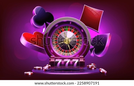 Casino illustration. Gambling vector design with neon lights. Slot machine, casino Roulette, poker chips and playing cards. Game design, flyer, poster, banner, advertisement.