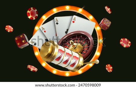 Vector illustration of gambling. Roulette wheel, playing chips, dice, poker cards, retro arch . Casino advertising template.