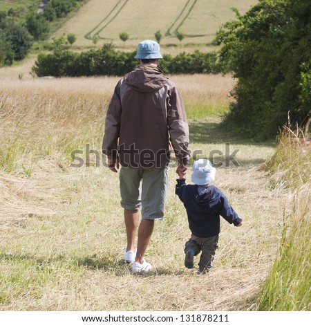Father and a toddler son walking in a fields in summer countryside, back view.