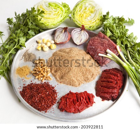 raw meat with cracked wheat and other ingredients for turkish style raw meatball