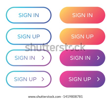 sign in sign up web buttons set. outline and filled ui web buttons in flat style. rounded vector buttons on trendy gradients with arrows for web and ui design