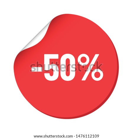 round red discount sticker. bent label isolated on white background. discount minus 50 percent off. illustration for promo advertising discounts