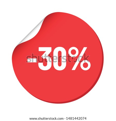 round red discount sticker. bent label isolated on white background. discount minus 30 percent off. illustration for promo advertising discounts