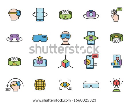 Augmented reality filled outline icon set. AR and VR two color line icons isolated on white background. Virtual and augmented reality vector illustrations for web, mobile app, ui design and print.