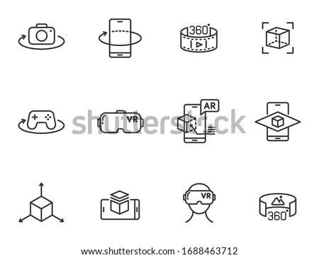 AR and VR line icon set isolated on white background. Virtual and augmented reality outline icons for web design, mobile apps, ui design and print. 3D visualization technology