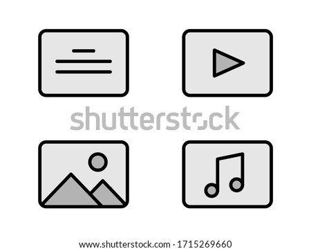 Media files outline filled icons for web, mobile and ui design. Text, video, audio, photo linear grey symbols