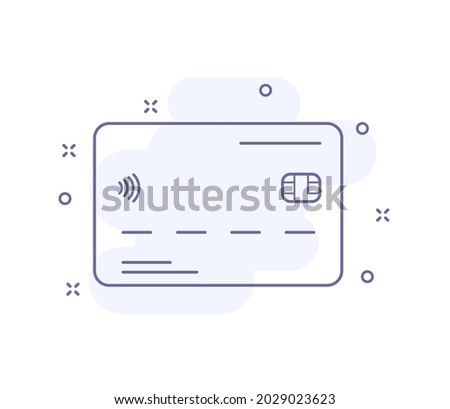 credit card outline vector illustration isolated on white. credit card purple line icon with light pink background and decorations. for web and ui design, mobile apps and print polygraphy