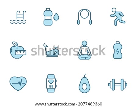 fitness line vector icons in two colors isolated on white background. fitness blue outline icon set for web design, ui, mobile apps and print