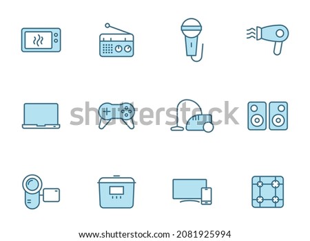 home appliances outline vector icons in two colors isolated on white background. home appliances blue icon set for web design, ui, mobile apps and print polygraphy